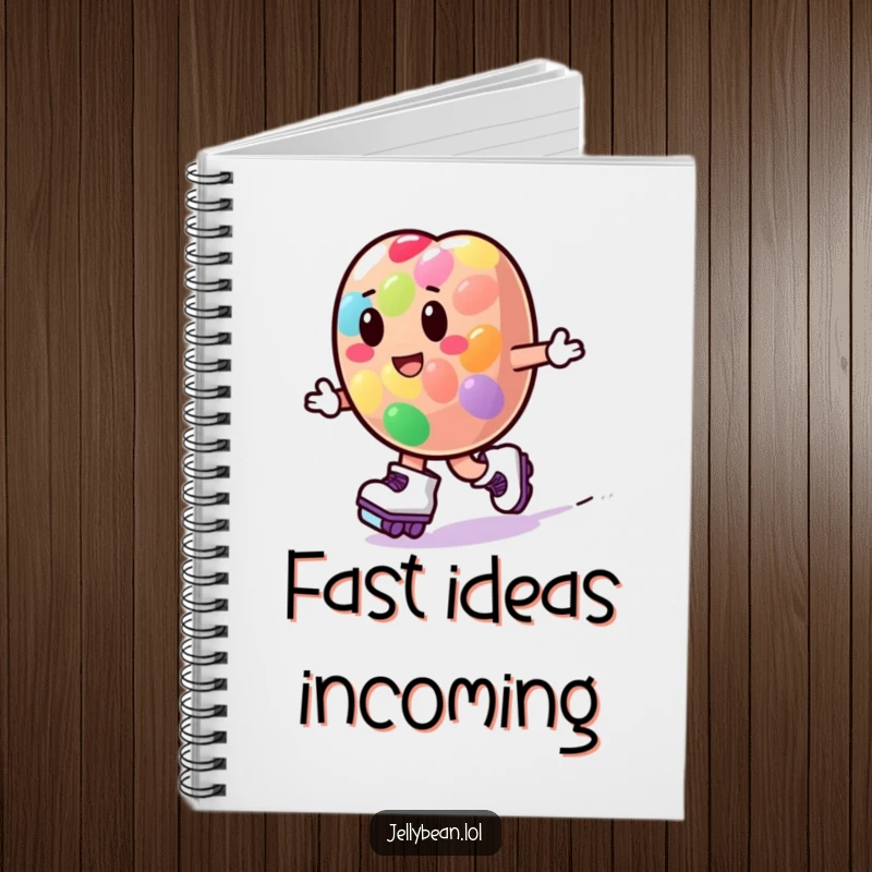 Funny jelly bean character wearing roller skates and zooming playfully on a notebook cover, inspiring fast ideas.
