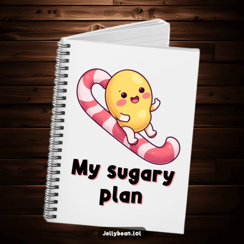 Funny Notebook with a jelly bean character happily riding a candy cane, perfect for jotting down sweet ideas.