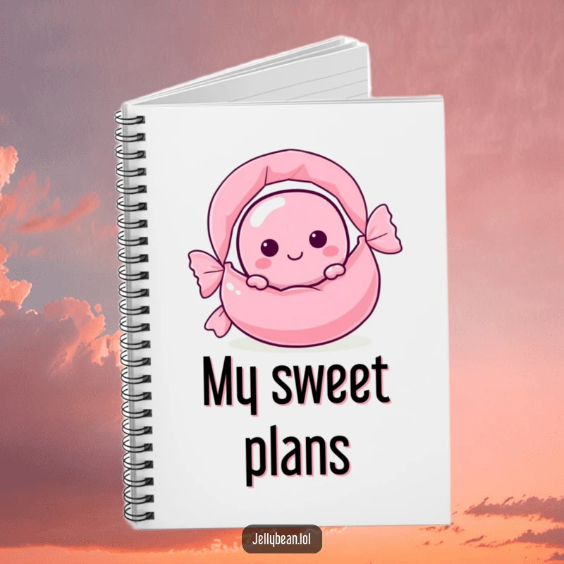 Funny jelly bean character peeking from behind a large candy wrapper on a notebook cover, inspiring sweet thoughts.