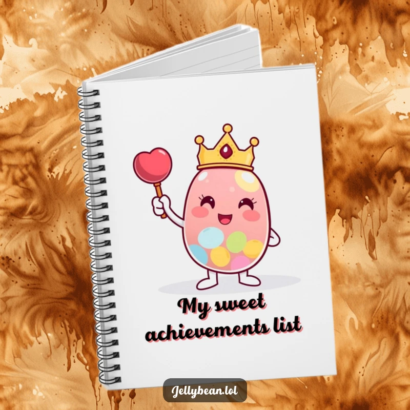 Funny Notebook featuring a crowned jelly bean character posing victoriously next to a large candy, perfect for noting down sweet plans.