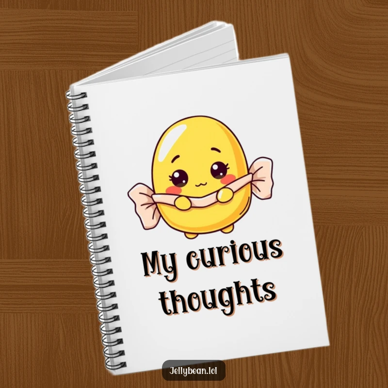 Funny curious yellow jelly bean notebook with a peeking bean, ideal for writing funny notes, a great gift.
