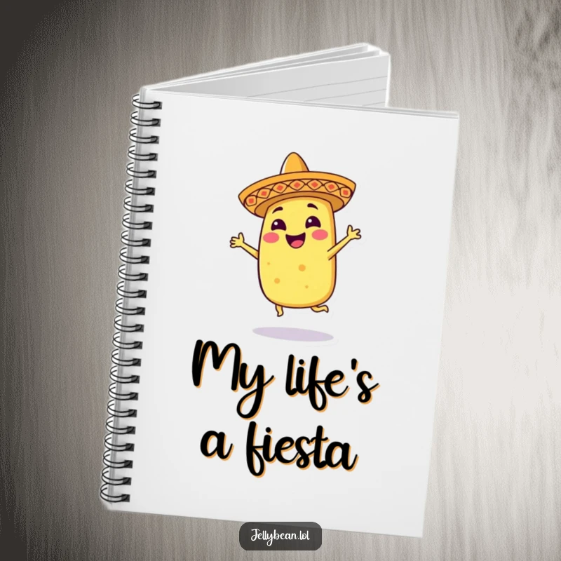 Funny notebook featuring an anthropomorphic taco character in a tiny sombrero dancing energetically, perfect for jotting down notes with lively humor.