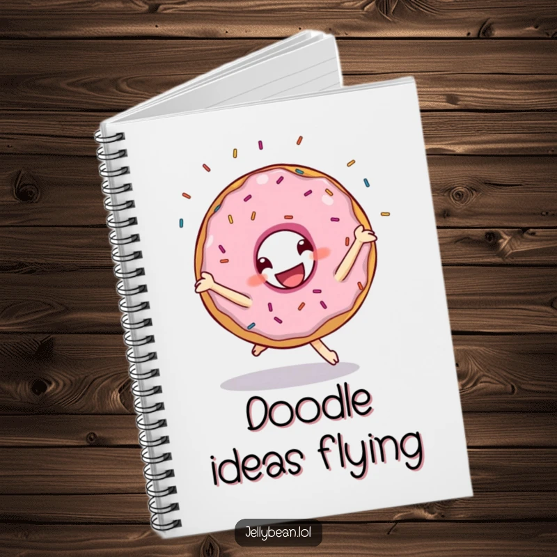 Funny notebook featuring a grinning donut character performing a cartwheel with sprinkles flying, perfect for jotting down notes with playful humor.