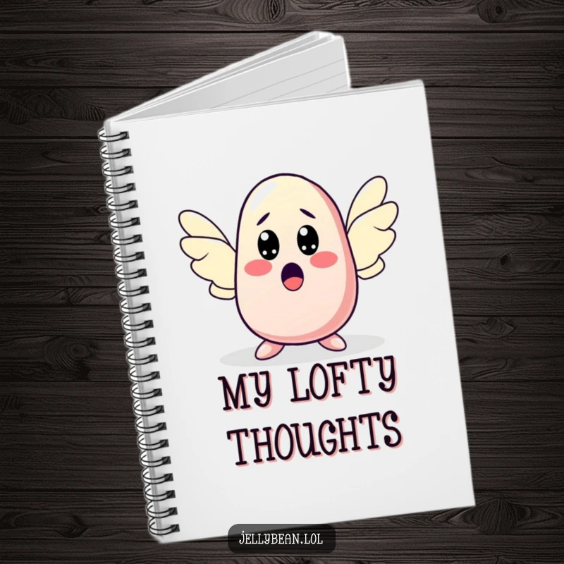 Funny notebook featuring a jelly bean character sprouting wings with a surprised expression, ideal for note-taking with whimsical, funny charm. A great funny gift.