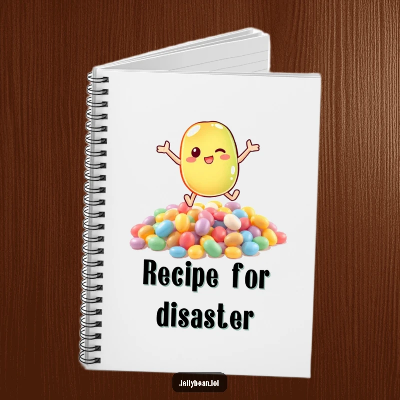 Funny notebook with a cheerful anthropomorphic jelly bean character diving into a heap of candies, ready for creative ideas.