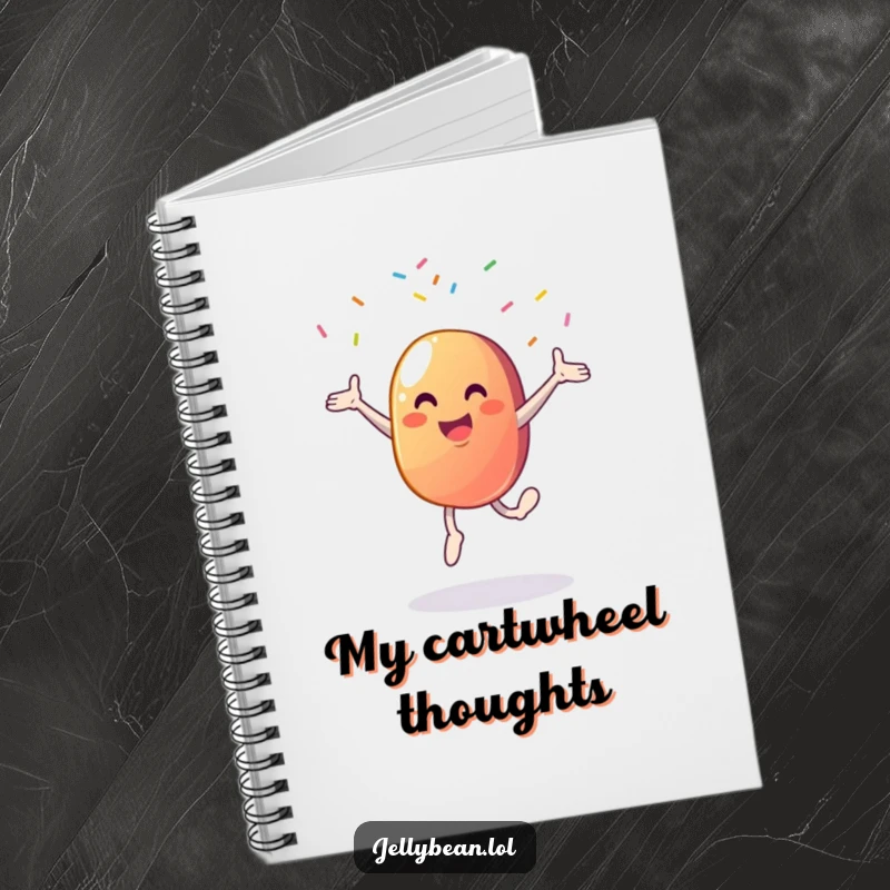 Funny notebook cover with a smiling jelly bean character mid-cartwheel, surrounded by a whimsical explosion of colorful sprinkles.