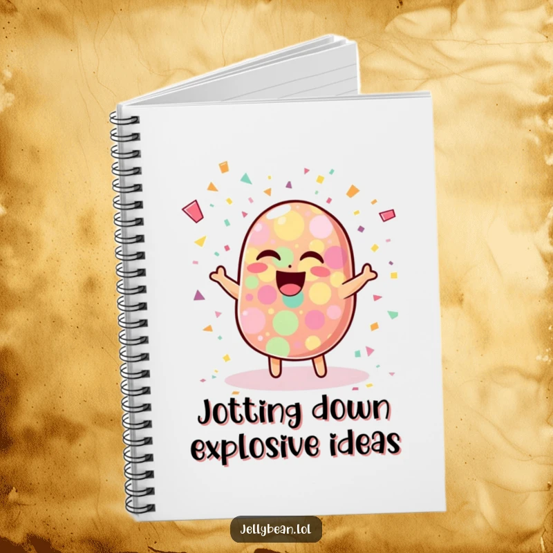Funny notebook with a wobbly jelly bean character laughing joyfully, surrounded by a vibrant burst of colorful confetti, ready for your notes.
