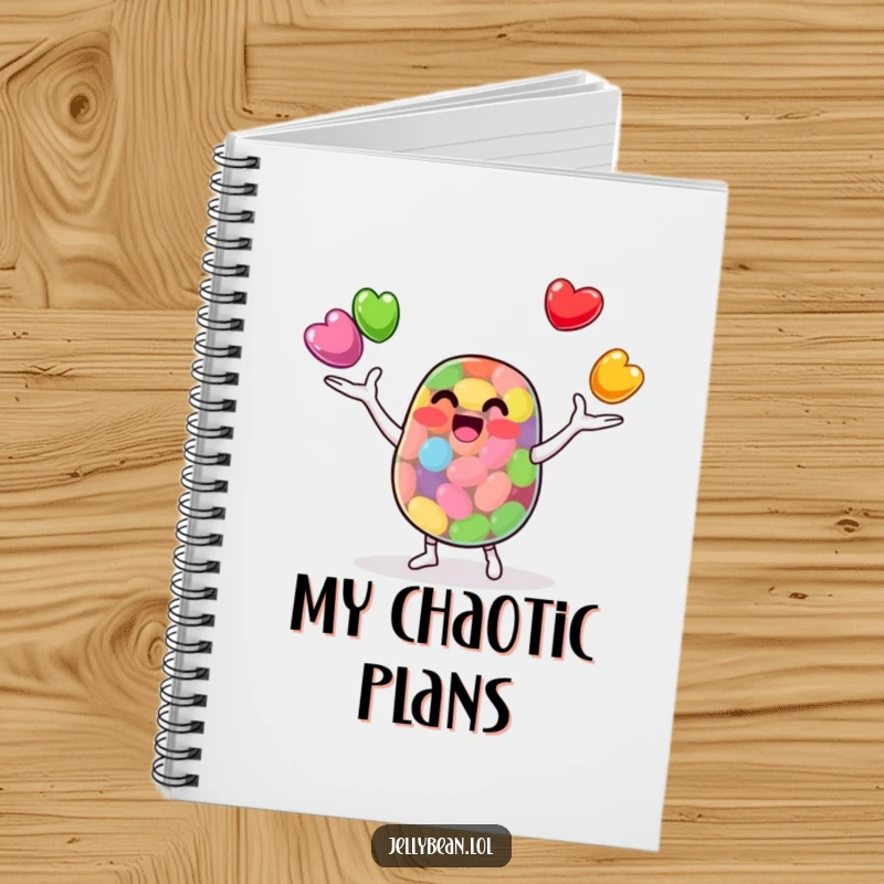 Funny Notebook: An anthropomorphic jelly bean character juggles smaller jelly beans skillfully. Perfect for journaling, planning, or sketching with a talented touch.