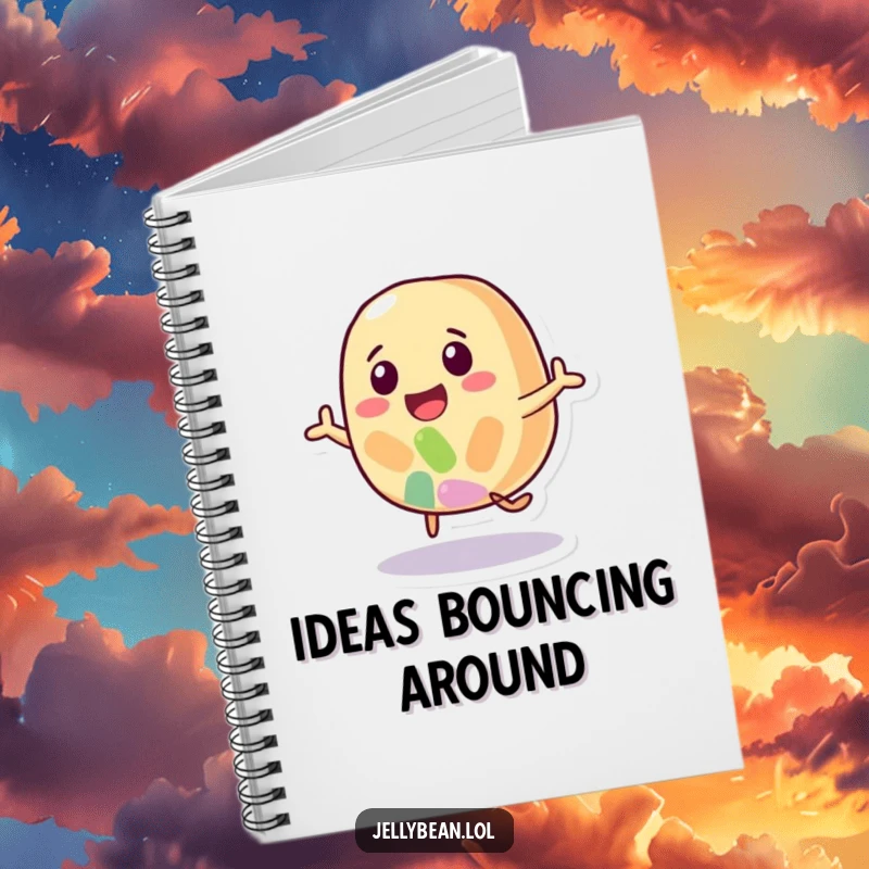 Funny notebook with a happy jelly bean character in a lively bounce, ideal for notes, doodles, or planning sweet adventures.