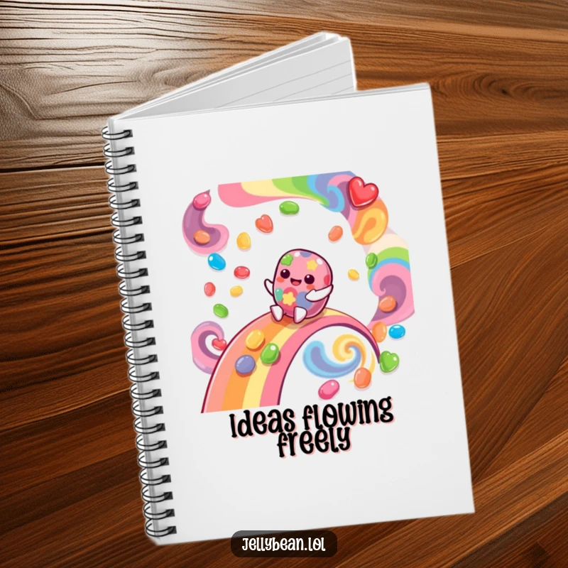 Funny Notebook featuring a giggling jelly bean character sliding down a rainbow made of swirling flavors, perfect for jotting down sweet ideas.