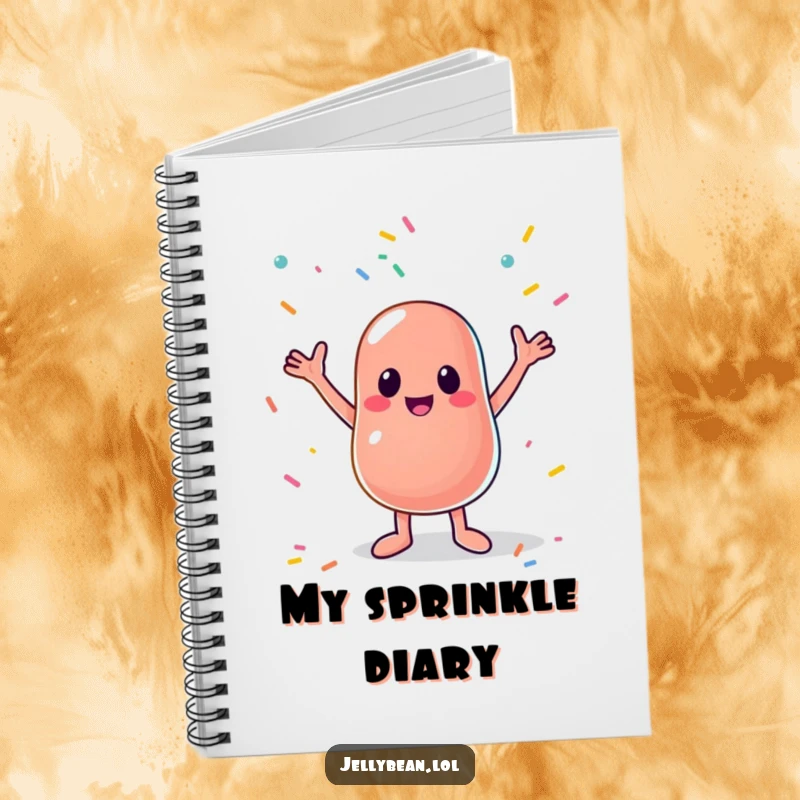 Funny notebook cover with a cute anthropomorphic jelly bean catching sprinkles, perfect for note-taking and inspiring creative, humorous ideas.
