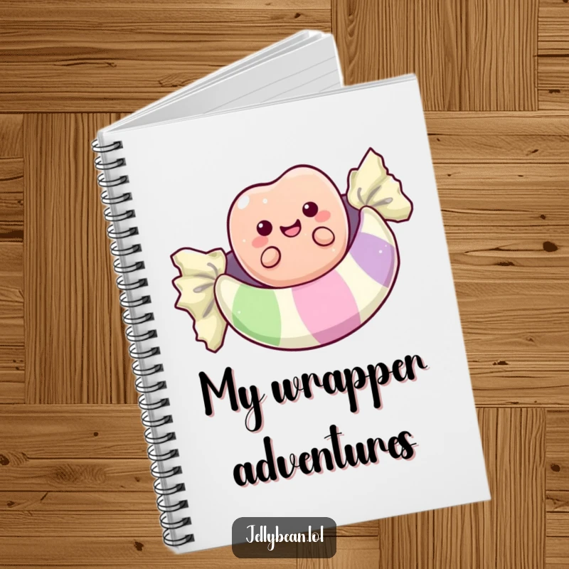 Funny notebook cover featuring a joyful anthropomorphic jelly bean floating on a candy wrapper, perfect for capturing sweet and funny thoughts.