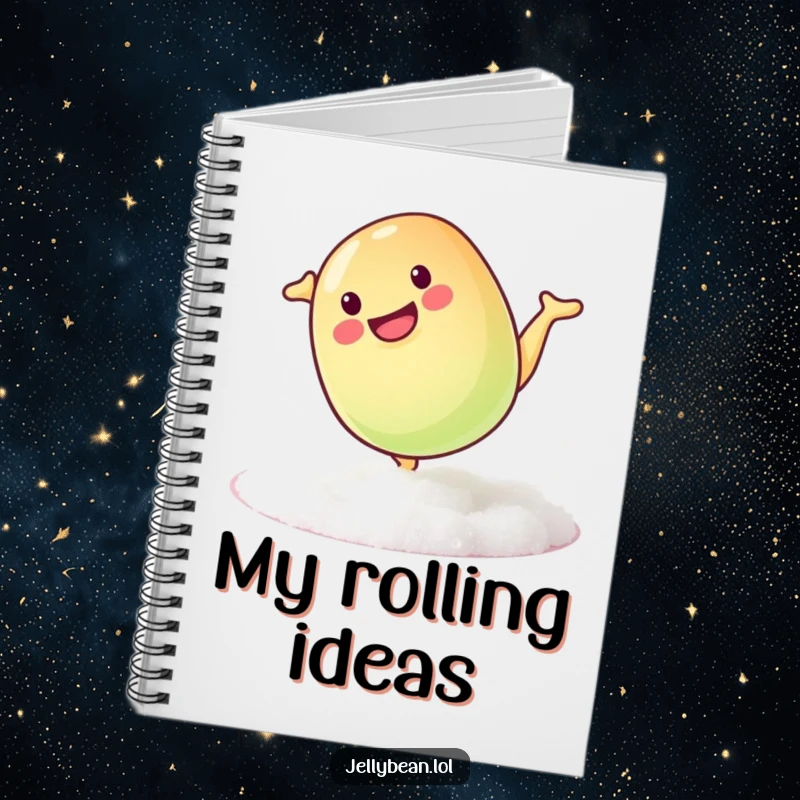 Funny notebook with a mischievous jelly bean doing a playful somersault, inspiring sweet and fun ideas.