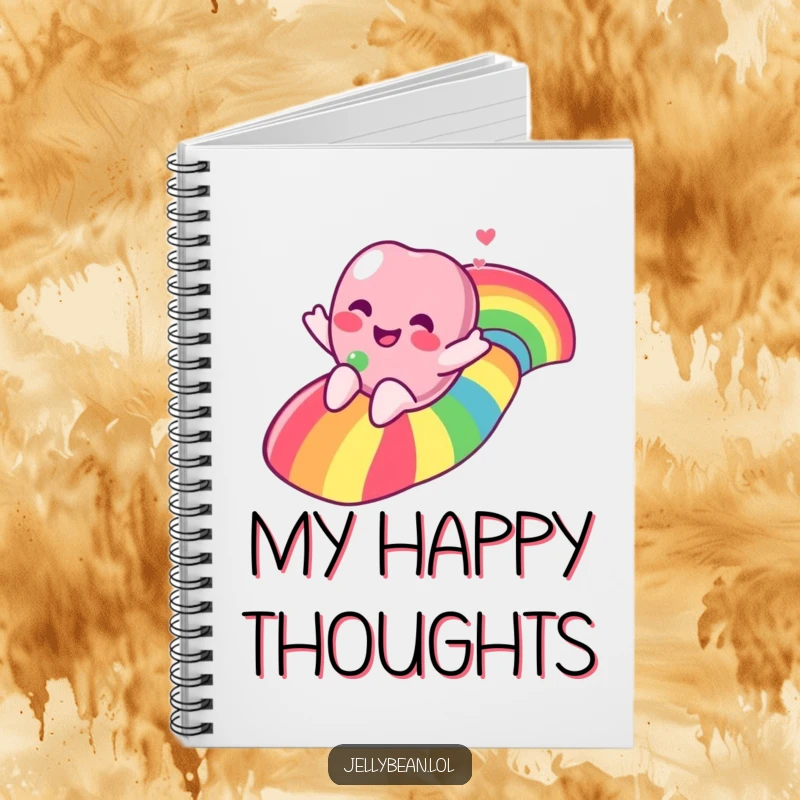 Funny jelly bean character joyfully sliding down a rainbow on a notebook cover, inspiring colorful ideas.