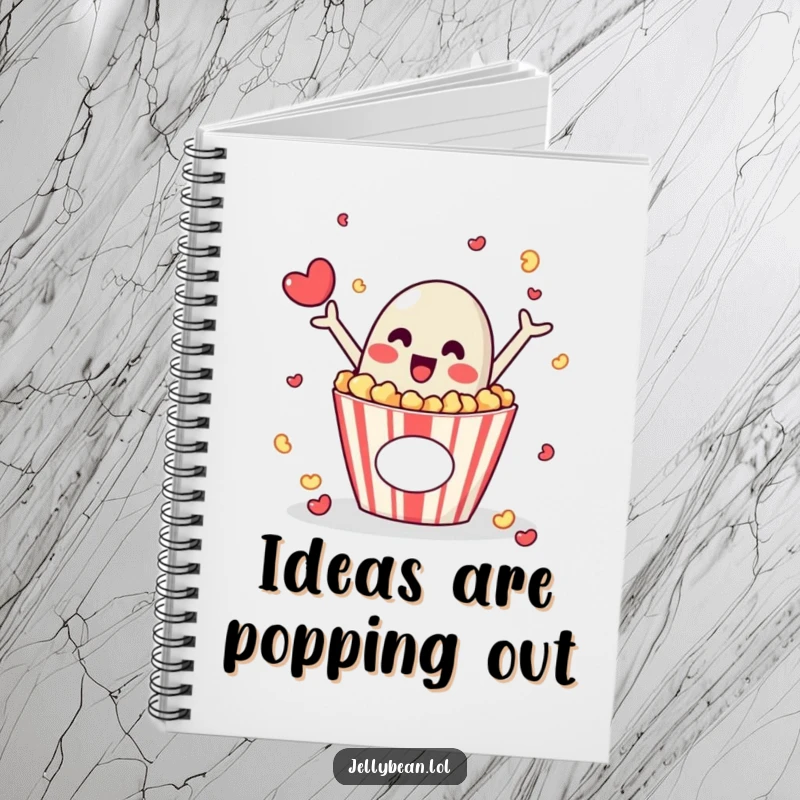 Funny notebook with a jelly bean character popping out of a popcorn box, perfect for jotting down exciting ideas.