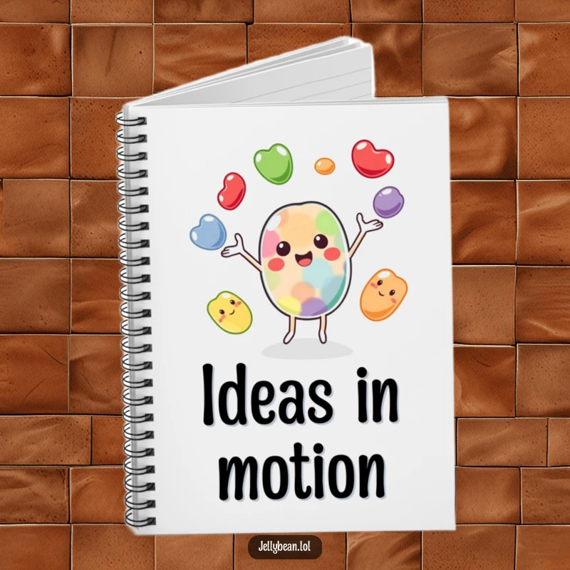 Funny notebook with a cheerful jelly bean character juggling playfully, perfect for capturing notes and ideas with a humorous and energetic touch.