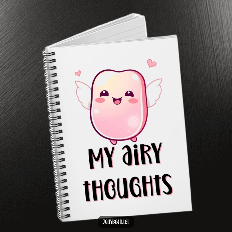 Funny notebook with a jubilant jelly bean fluttering joyfully, inspiring sweet thoughts and creativity.