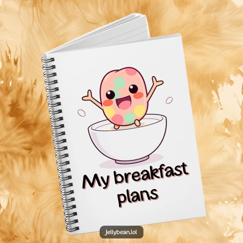 Funny jelly bean notebook with a playful character leaping into milk, perfect for capturing ideas with humor, a stimulating and humorous stationery item, great funny gift.