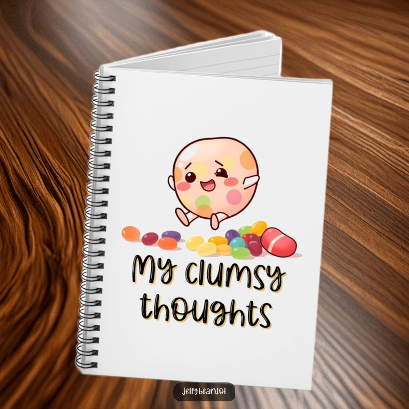 Funny Notebook with a jelly bean character slipping on scattered candy, perfect for jotting down thoughts and ideas.