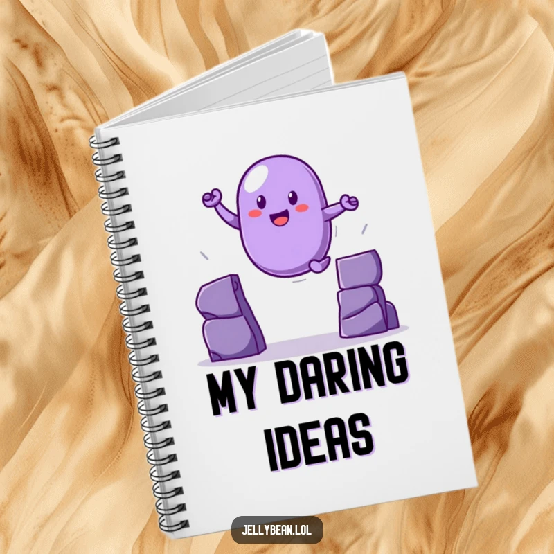 Funny purple jelly bean notebook featuring a heroic leap, great for planning adventures, a funny gift.