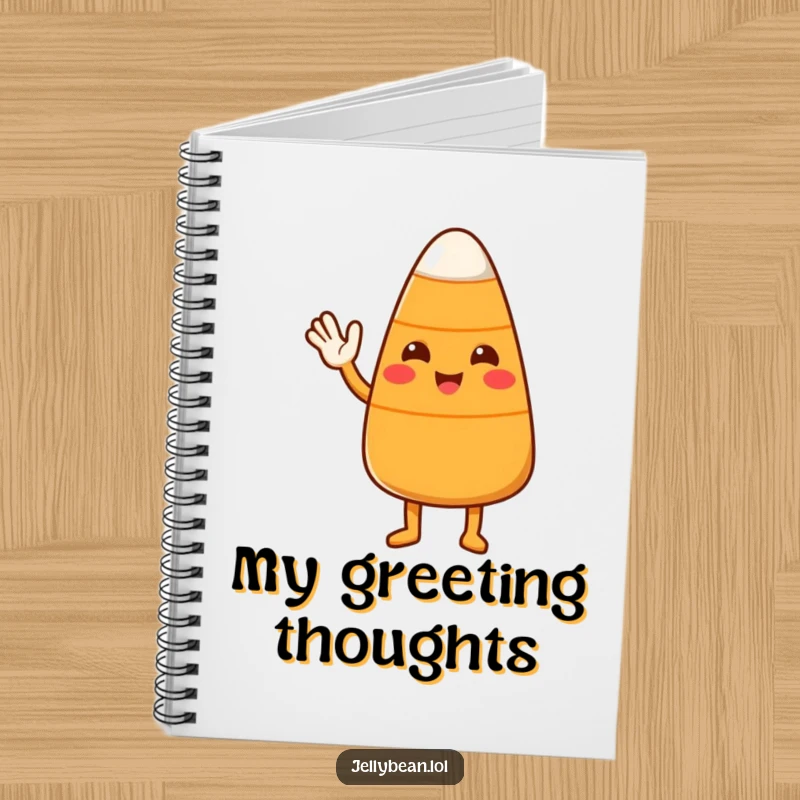 Funny Candy Corn Notebook featuring a cute character waving hello, perfect for jotting down friendly thoughts and ideas.