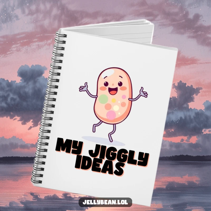 Funny notebook featuring a jelly bean character doing a silly jig with wobbling legs, ideal for jotting down ideas.