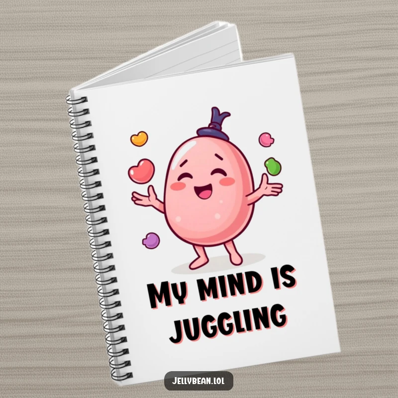 Funny notebook with a happy jelly bean character juggling assorted small candies, perfect for note-taking and creative writing.