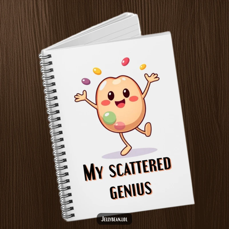 Funny notebook featuring a smiley jelly bean character doing a cartwheel with segments flying off, ideal for note-taking with dynamic, funny charm. A great funny gift.
