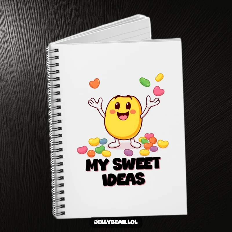 Funny notebook featuring a smiley jelly bean character juggling smaller jelly beans, ideal for note-taking with energetic, funny charm. A great funny gift.