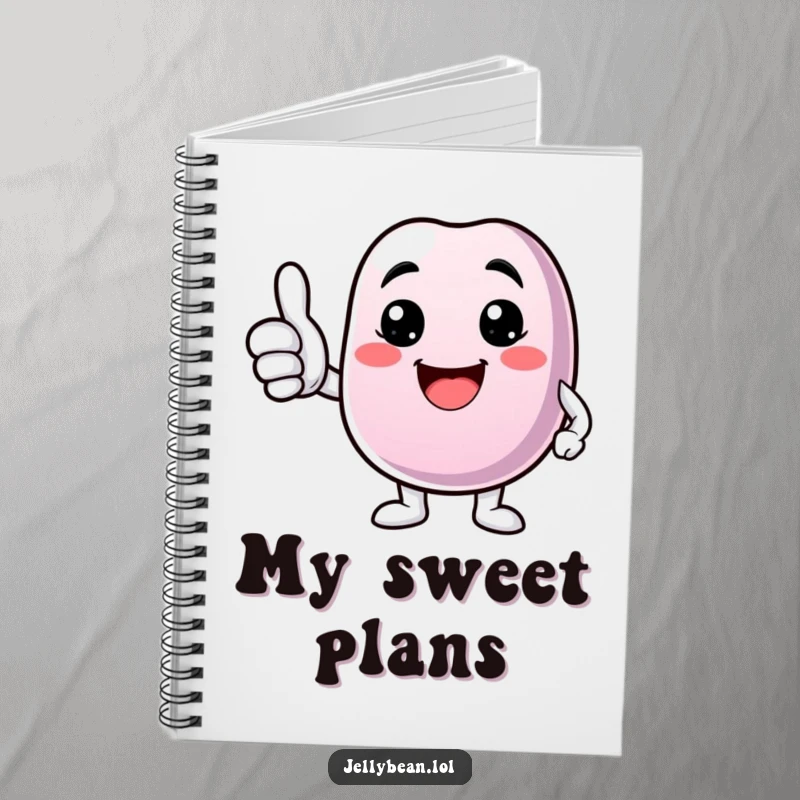 Funny notebook featuring a jelly bean character giving a thumbs up and a bright smile, ideal for jotting down ideas.