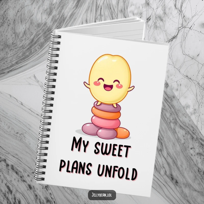 Funny notebook cover featuring a grinning jelly bean balancing on a candy stack, ideal for note-taking with a humorous, sweet touch.