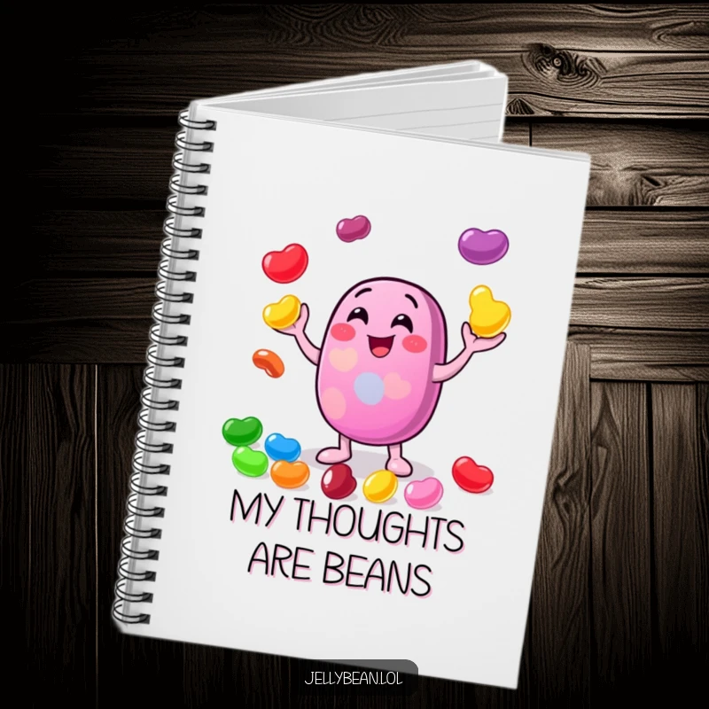 Funny notebook with a cheerful jelly bean character gleefully juggling smaller, colorful jelly beans, ready to record your thoughts.