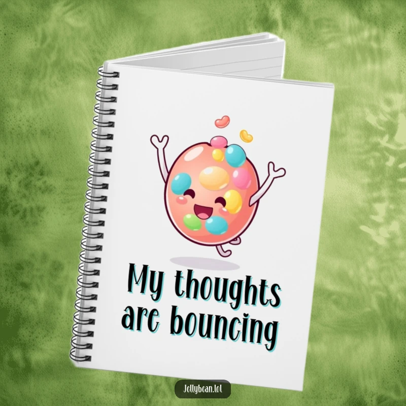 Funny notebook featuring an anthropomorphic jelly bean character joyfully bouncing on its head, perfect for jotting down notes with a dose of humor.