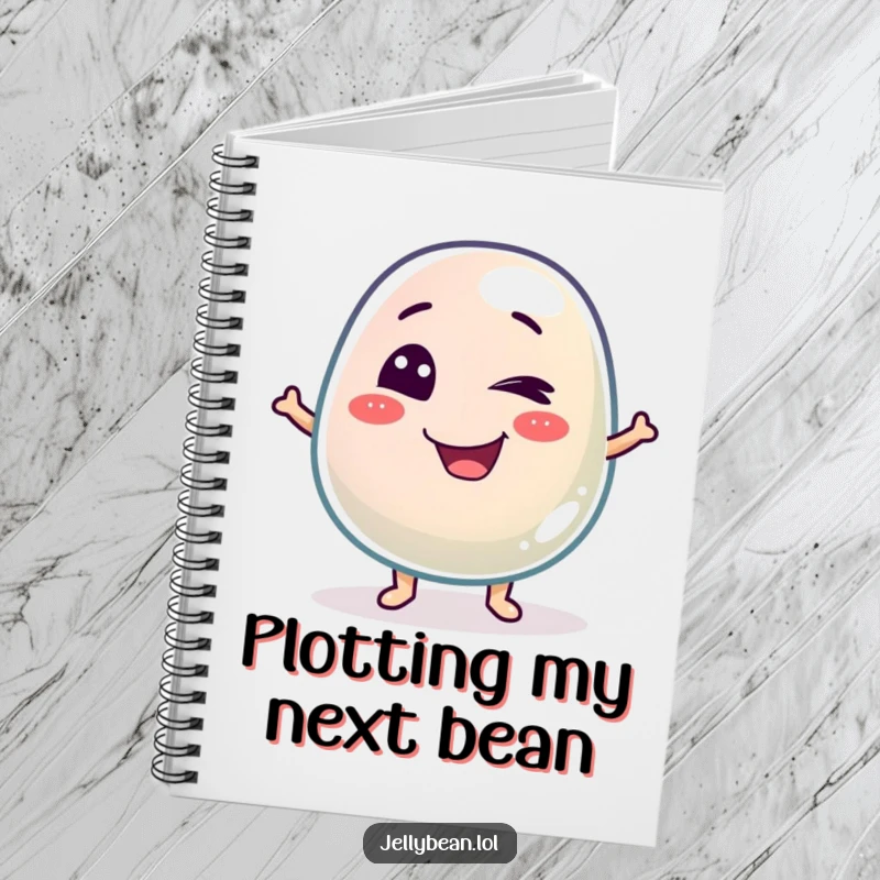 Funny notebook with a mischievous jelly bean character winking, perfect for capturing notes and ideas with a playful, humorous touch.