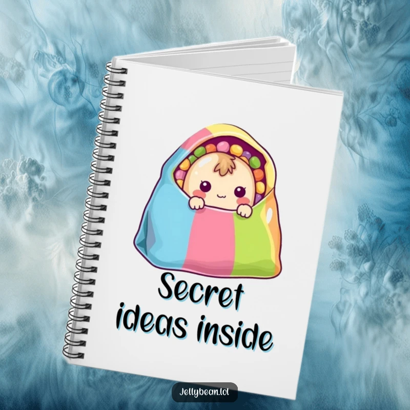 Funny Notebook: A shy jelly bean character peeks from a colorful bag, inspiring sweet thoughts and creative notes.