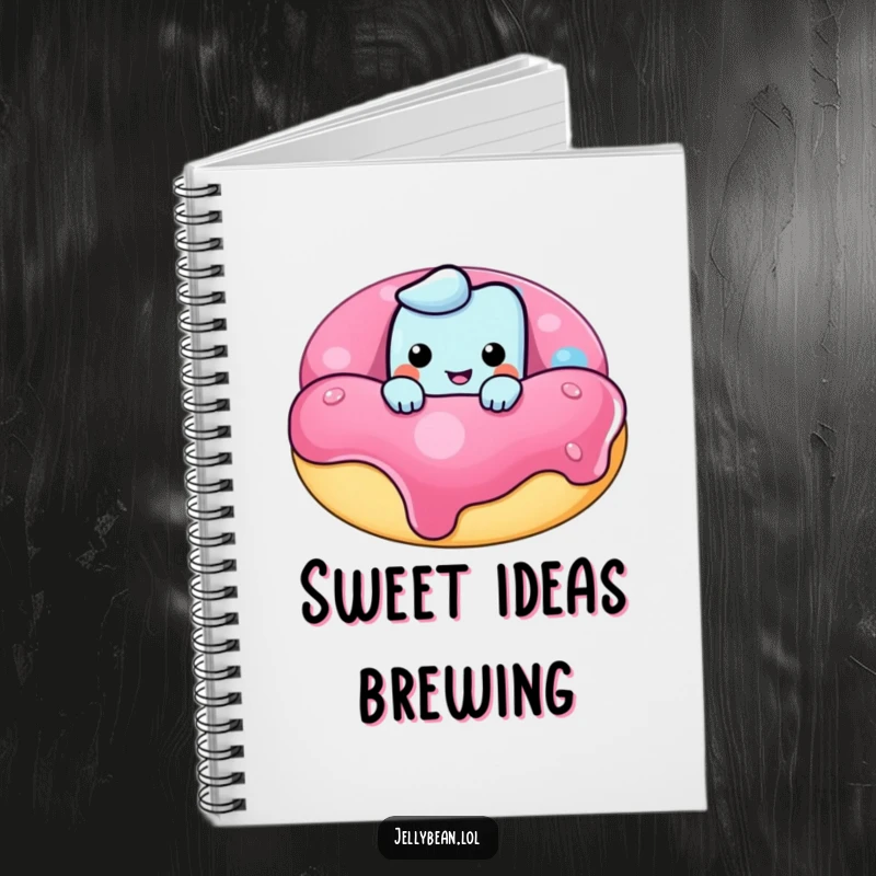 Funny notebook with a mischievous jelly bean character peeking over a large donut, encouraging creative writing and doodling with a smile.