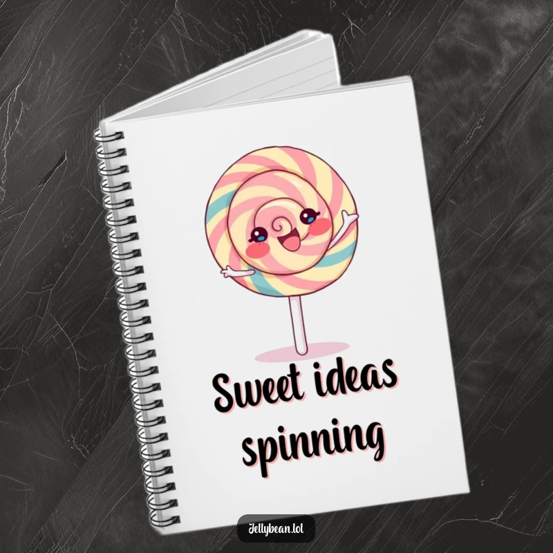 Funny Lollipop Notebook featuring a joyful character spinning happily, perfect for recording sweet ideas and happy thoughts.