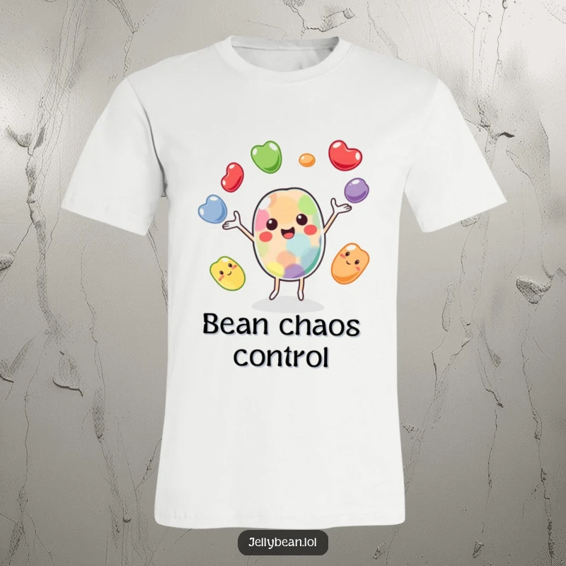 Funny t-shirt showcasing a cheerful jelly bean character skillfully juggling multiple jelly beans, perfect for expressing a joyful and playful personality.