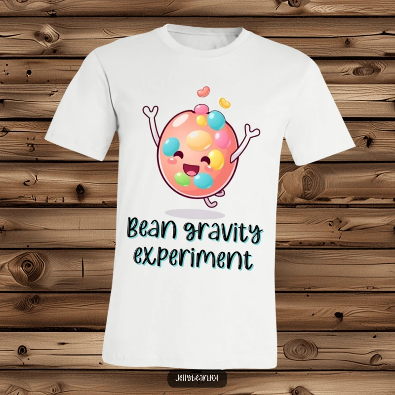 Funny t-shirt showcasing an anthropomorphic jelly bean character, hilariously bouncing on its head with infectious, unbridled enthusiasm and joy.