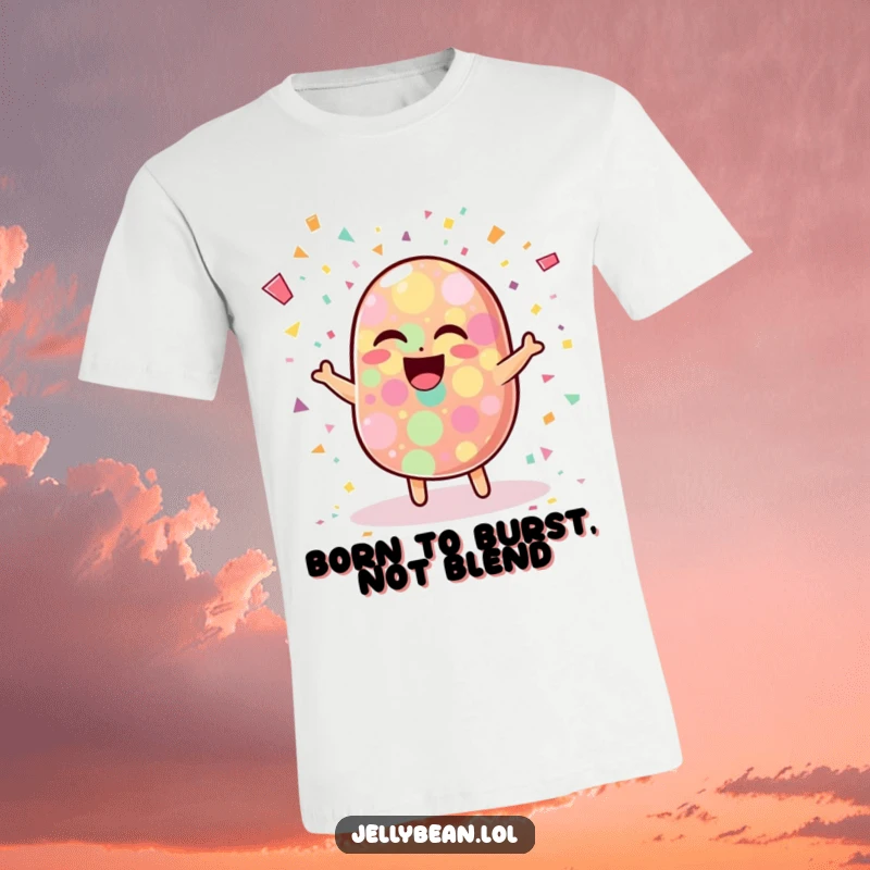 Funny t-shirt showcasing a wobbly jelly bean character bursting with colorful confetti and hearty laughter, a symbol of pure, uninhibited celebration.