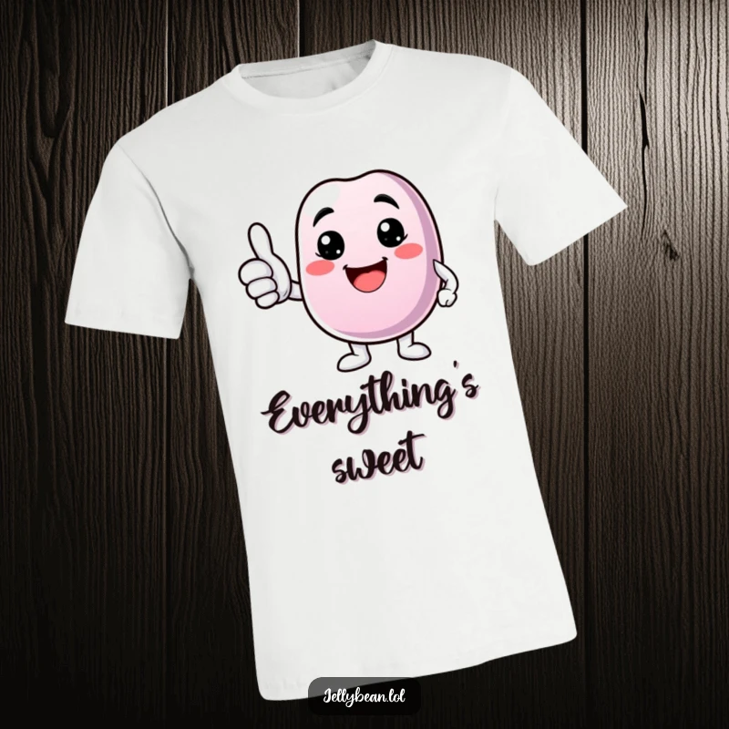 Funny t-shirt with a jelly bean character giving a thumbs up, sporting a bright, encouraging smile.