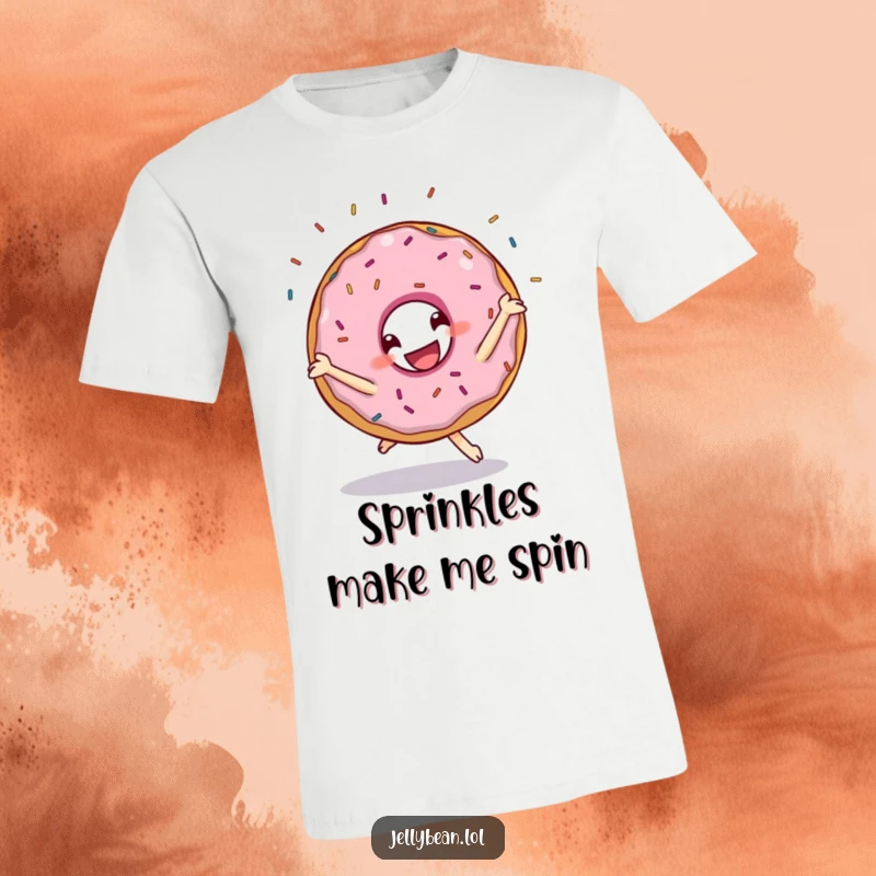 Funny t-shirt showcasing a grinning donut character performing a cartwheel with a cascade of colorful sprinkles flying, embodying pure, energetic joy.