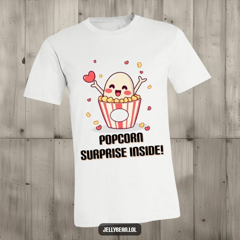 Funny t-shirt featuring a jelly bean character bursting excitedly out of a popcorn box, capturing pure movie-watching joy.