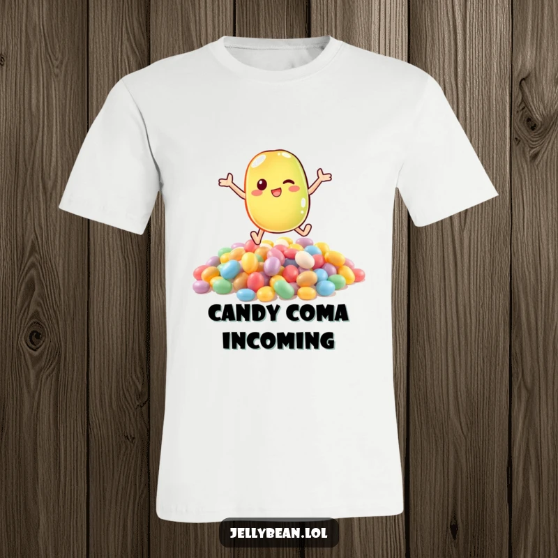 Funny t-shirt featuring an anthropomorphic jelly bean character joyfully diving into a large, enticing mound of various candies.