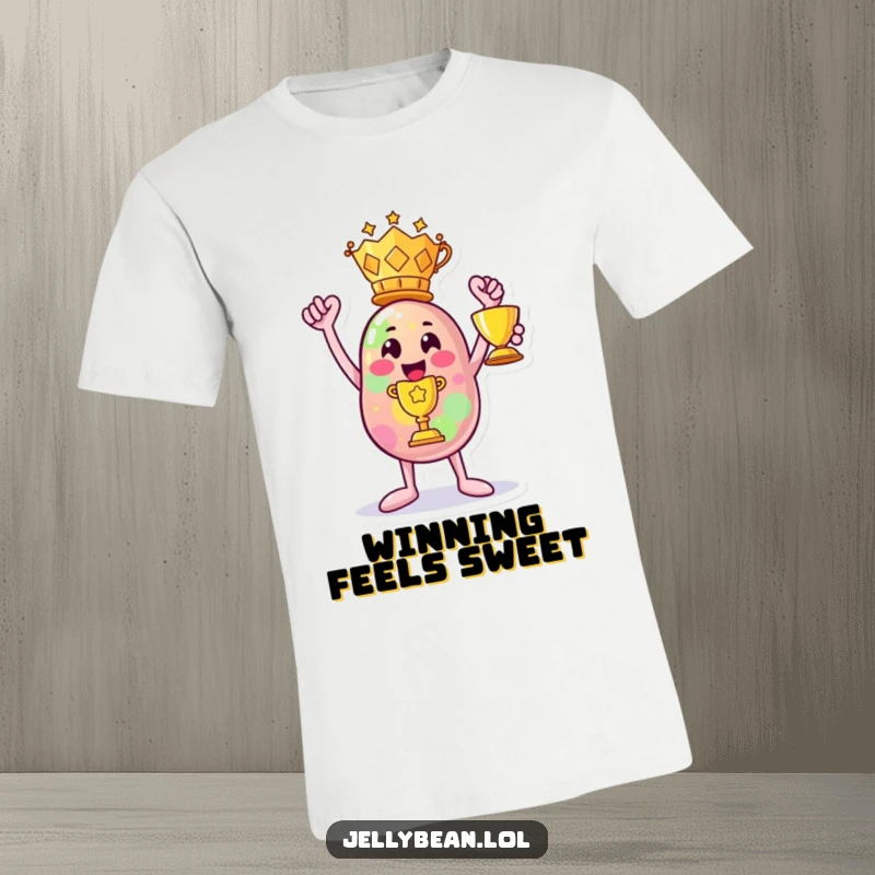Funny t-shirt: A happy jelly bean character proudly holds aloft a sparkling trophy, beaming with victory.