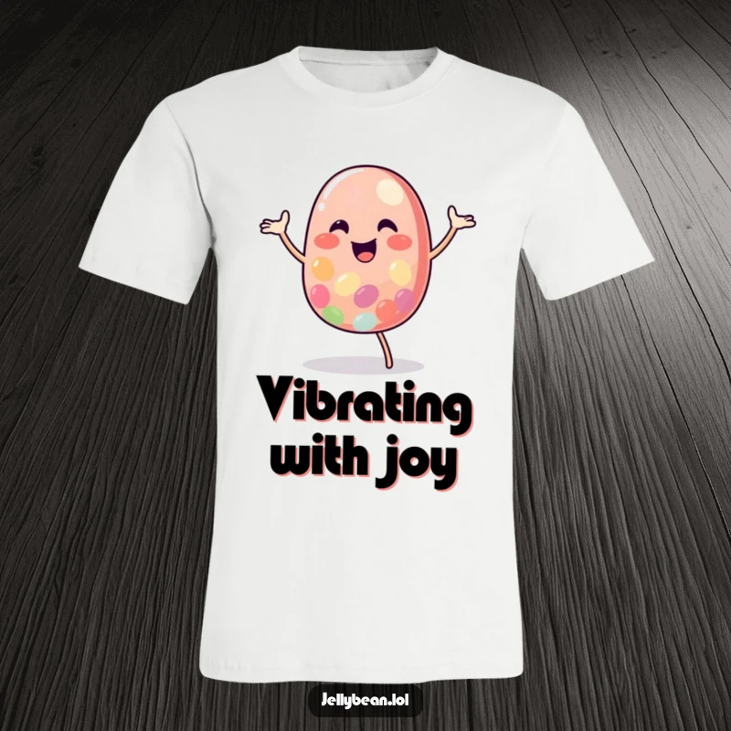 Funny Jelly Bean T-Shirt with a smiling, cheerful character performing an exuberant happy dance, radiating positive energy.