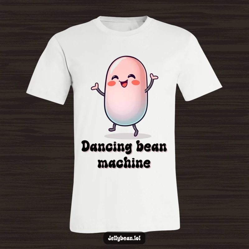 Funny t-shirt with a jelly bean character doing a silly, wobbly dance with pure joy, capturing the spirit of spontaneous fun.