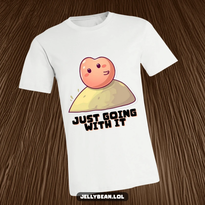 Funny T-Shirt: A giggling jelly bean character hilariously rolls down a hill, radiating sweet, infectious joy.