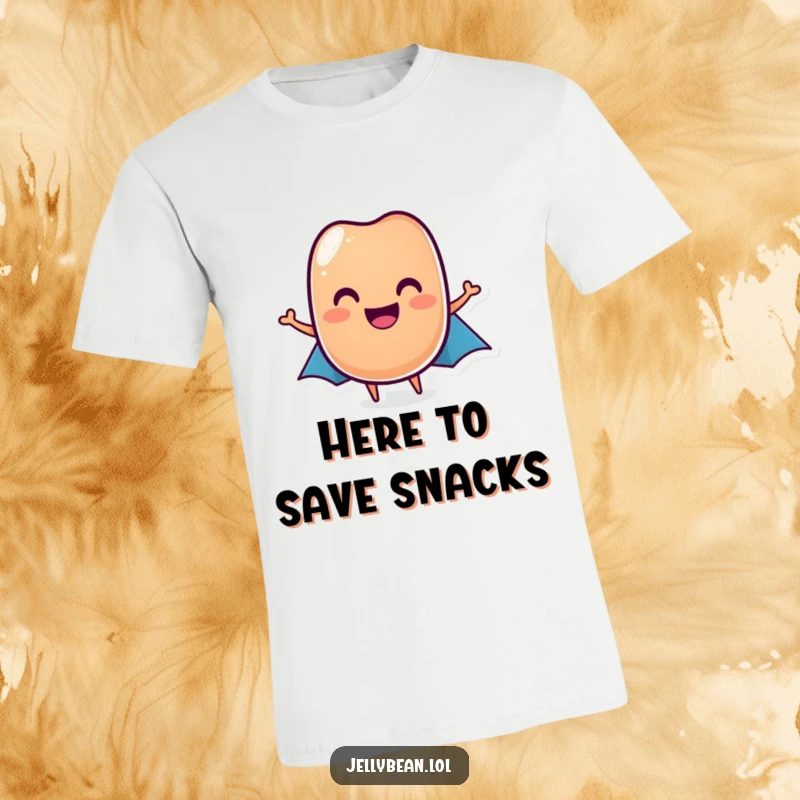 Funny jelly bean t-shirt with a grinniing, caped jelly bean hero, perfect funny gift for fans.