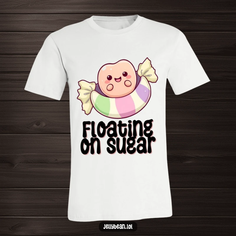 Funny T-shirt featuring a happy anthropomorphic jelly bean joyfully floating atop a giant candy wrapper, a delightful and humorous scene.